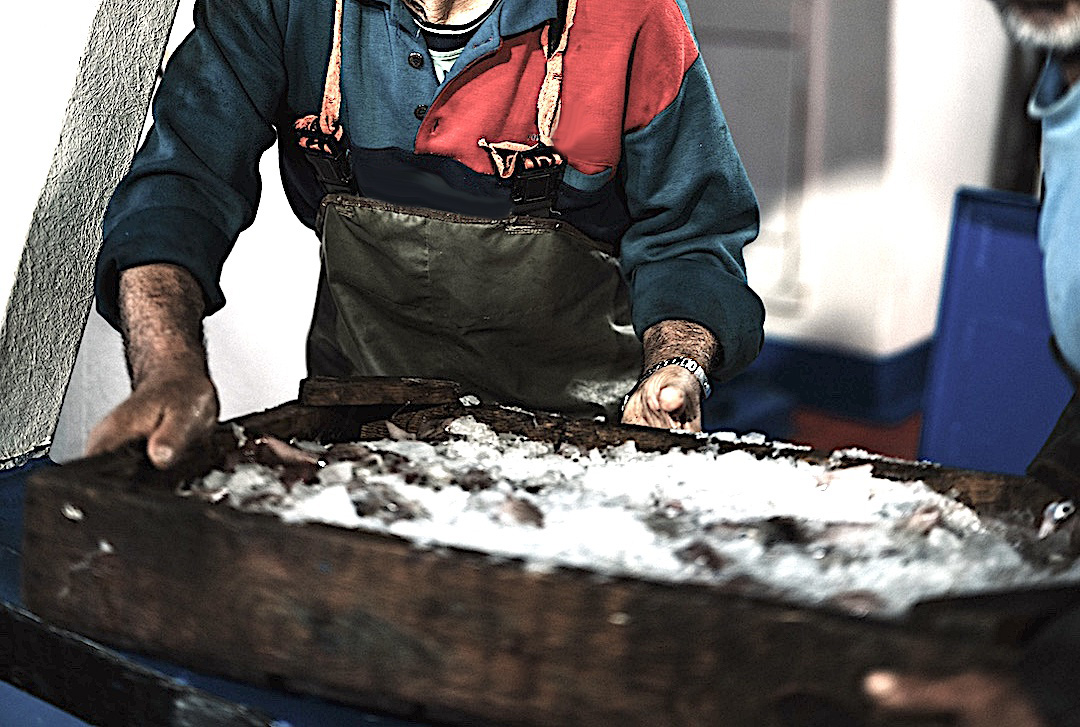 Pescador trabajando con el hielo